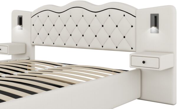 Merax Polsterbett mit Nachttischlampen und USB-Anschluss, Leinen, 180x200 cm, Beige Bild 8