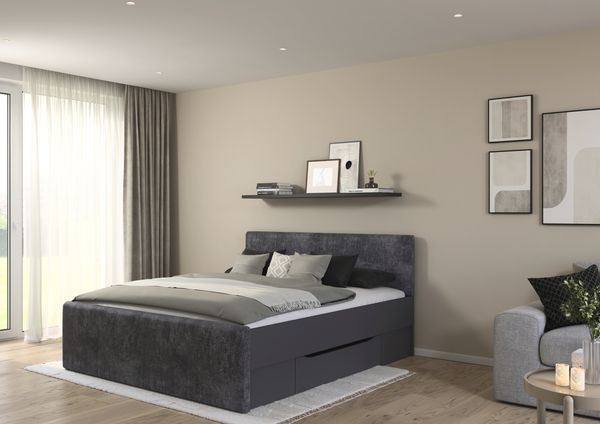 rauch Bett Holga, Polsterbett, mit Polster-Kopfteil, mit 2 Sockelschubkästen für mehr Stauraum, Farbe Webstoff Charocal/Grau metallic, Schwarz, Liegefläche 180x200cm
