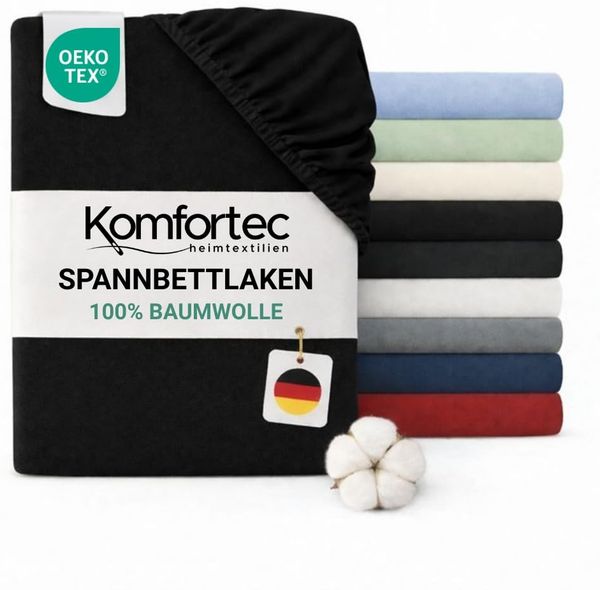 Komfortec Spannbettlaken Jersey 100% Baumwolle – 120x200 cm – 135g/m² – Weich, Atmungsaktiv & Hautfreundlich – Mit Rundumgummi – Oeko-Tex Zertifiziert – Für Boxspring, Topper & Matratzen – Schwarz