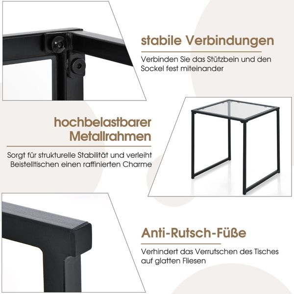 Beistelltisch Kleiner Gartentisch Balkontisch mit Tischplatte aus gehärtetem Glas 43 x 43 x 45 cm Schwarz