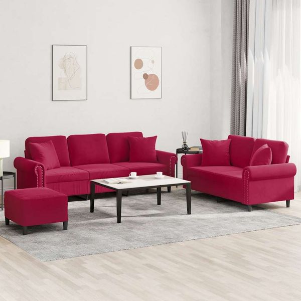 vidaXL 3-tlg. Sofagarnitur mit Kissen Weinrot Samt 3202284