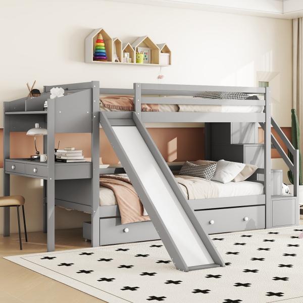 Merax 90*200cm Etagenbett, Kinderbett, Massivholz, mit Rutsche, Multifunktionstisch, Ablageleiter, zwei Ablagefächer unter dem Bett, vielseitig einsetzbar, grau