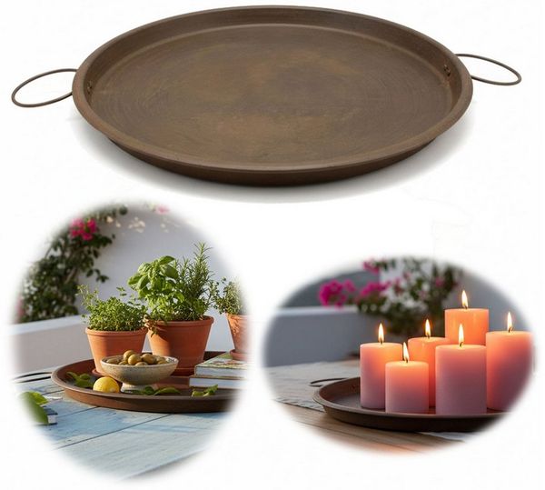 LS-LebenStil Tablett XL Eisen Deko Tablett Serviertablett Dehli 42cm Kerzenteller, Metall, (Tragegriffe - Rost Braun Eisen Tablett Kerzenteller Kerzentablett 2 Griffe, 1-tlg, Küchentablett Deko Schale Teetablett Geschirr Getränke Serviertablett), Deko ...