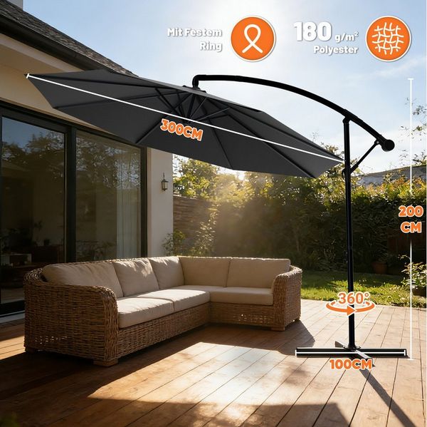 Huracan Sonnenschirm LED Solar Ø 250/300/350cm Ampelschirm mit Kurbel, Ständer, Gartenschirm Balkonschirm UV-Schutz Aluminium wasserdicht 360°neigbar