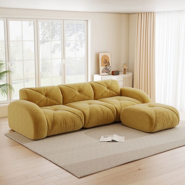 3-Sitzer Sofa 281×171×76 cm aus Chenille rahmenlos modular mit Hockern, gelb