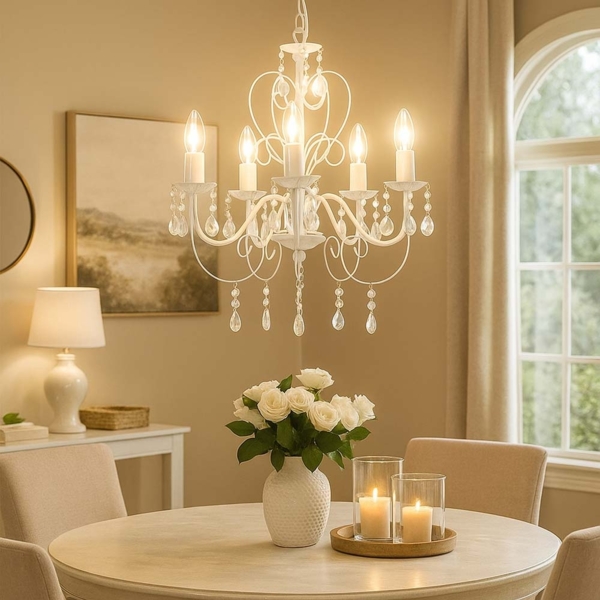 Kronleuchter, Lüster, Kristalle, weiß, 5-flammig, H 149 cm