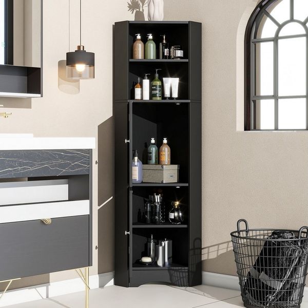 Flieks Badkommode Eckschrank mit 2 Türen und verstellbarem Einlegeboden (36.5x36.5x155 cm, 1 St, für Wohnzimmer, Arbeitszimmer, Schlafzimmer), Hochschrank mit 5 Fächern Mehrzweckschrank Badmöbel, Höhe 155 cm
