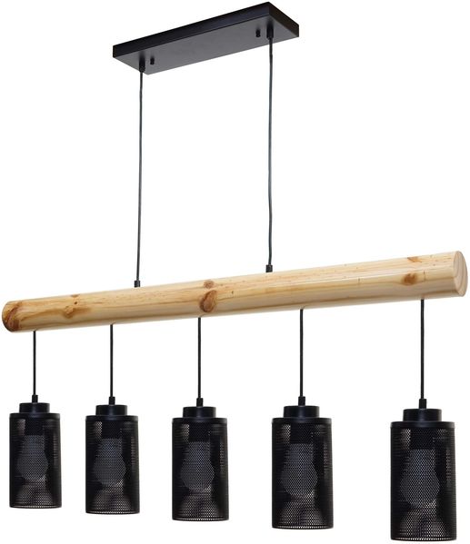 Pendelleuchte HWC-H83, Hängelampe Hängeleuchte, Industrial Vintage Massiv-Holz Metall schwarz ~ 5 Rohrlampenschirme