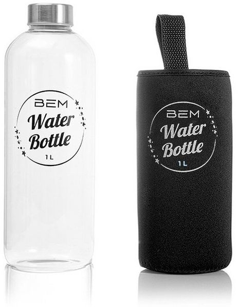 BEM Trinkflasche Water Bottle aus Glas mit Edelstahldeckel, BPA-frei Spülmaschinenfest Silikonhülle Borosilikatglas Wasser Flasche
