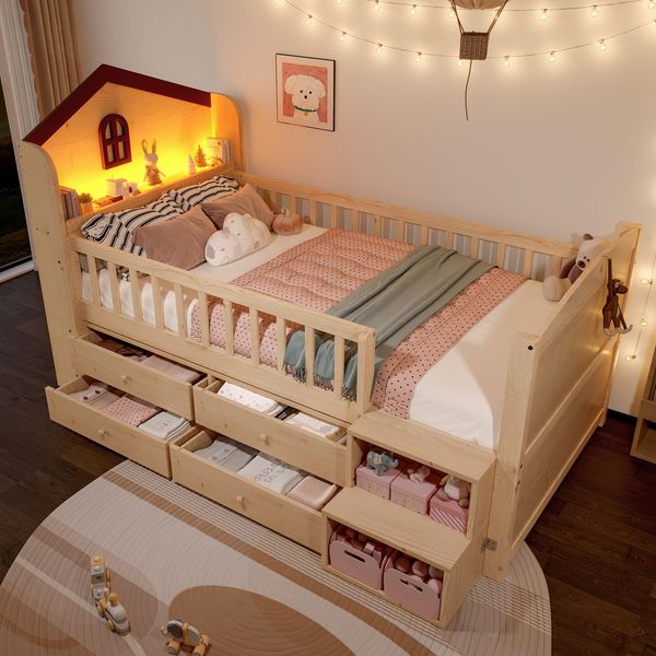 Kinderbett mit Schubladen, LED-Beleuchtung, Lattenrost, Stauraumtreppe, Regal, 90x200cm, Massivholzbett mit Rausfallschutz, Kiefer