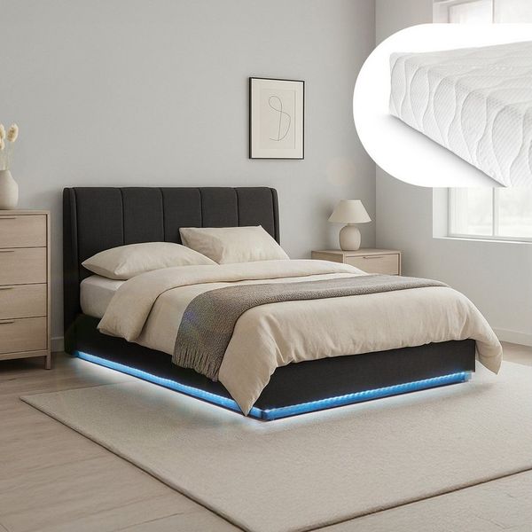 LED Polsterbett Tröstiar mit Matratze 160x200 cm Schwarz [en. casa]
