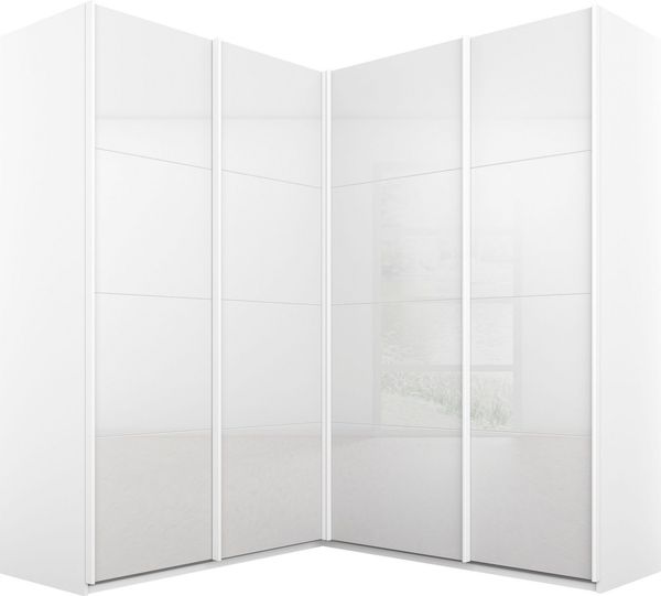 Rauch Möbel Quadra Schrank Eckschrank Schwebetürenschrank, Hochglanz Weiß / Weiß, 4-trg, inkl. 2 Kleiderstangen, 12 Einlegeböden, 3 Schubkästen, BxHxT 181 x 210 x 187 cm