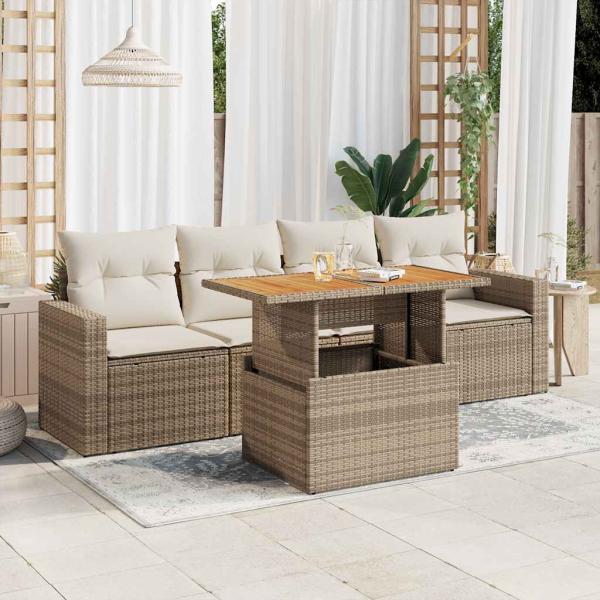 vidaXL 5-tlg. Garten-Sofagarnitur mit Kissen Beige Poly Rattan 3326984