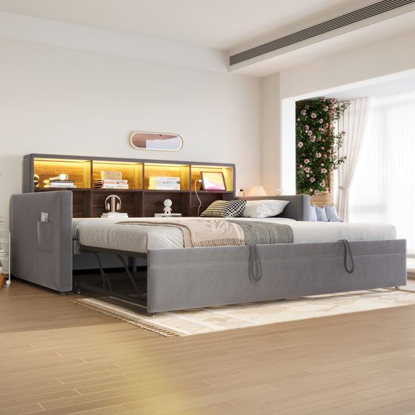 Polsterbett Schlafsofa 90x190cm, Kopfteil mit integrierten Staufächern, LED-Lichtleiste und Ladesteckdosen, mit ausziehbarem Bett, Samtpolsterung, Dunkelgrau