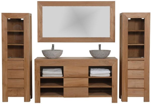 Badmöbel Set Pajala Teak Massivholz - Breite vom Unterschrank: 180 cm - Breite vom Spiegel: 120 cm - Anzahl Hochschränke: ohne Hochschrank