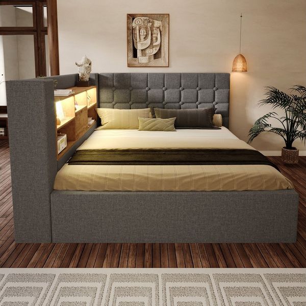 OKWISH Polsterbett Polsterbett 140x200 cm aus Leinen mit Stauraum und LED-Beleuchtung (Struraumbett, Funktionsbett, 1-tlg, L-förmigem Kopfteil mit Stauraum, beidseitig montierbar), Hydraulisches Bett mit LED-Beleuchtung & USB/Type-C Ladestation