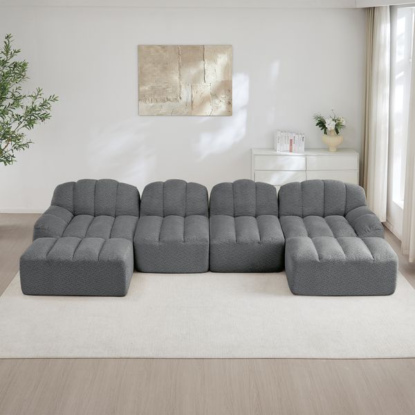 Ecksofa Grau, modulares 4-Sitzer Sofa aus granuliertem Fleece mit Ottomanen und ergonomischer Schaumstoffpolsterung,79x366x165 cm