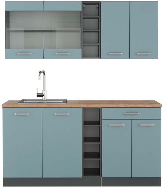 Singleküche R-Line Blau-Grau/Anthrazit 160 cm , AP Eiche Vicco