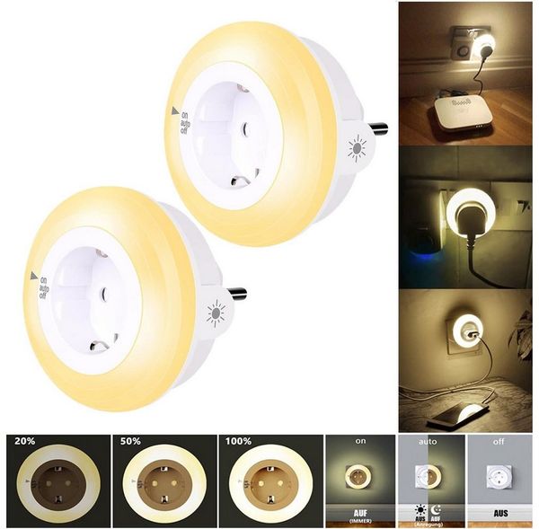 MUPOO LED Nachtlicht Steckdosen Nachtlicht Dimmbar Wandsteckdose 3 Modi Dämmerungssensor, WarmWeiß, 3 Helligkeit & Auto/AUF/AUS, LED fest integriert, Steckdose Erweitern für Flur,Kinderzimmer,Küche,Treppenhaus