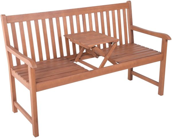 Gartenbank TURIN hochklappbarer Tisch - 142cm Breit, Eukalyptus, Natur, 65x142x89cm | Terrassenbank Wetterfest Sitzbank Outdoor Bank