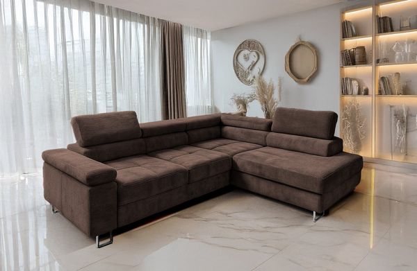 Goldstoff Ecksofa mit Schlaffunktion, Cord Couch für Wohnzimmer - Cord Ecksofa, Cord Sofa VOYAGE 2 Teile, Großer Bettkasten