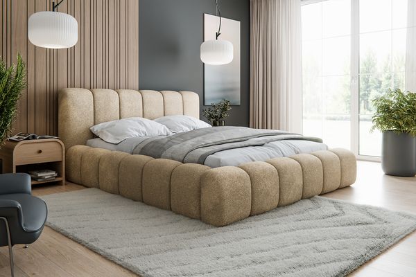 MEBLINI Polsterbett 200x200 mit Lattenrost und Matratze - Hellbraun Boucle/H3 Matratze - SOFINA - Bubble Bett - Cloud - Marshmallow Bed - Kopfteil Bett mit Stauraum - Betten