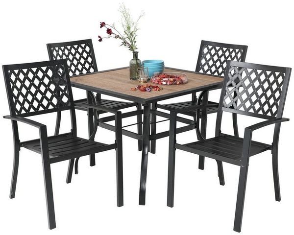 PHI VILLA Garten-Essgruppe, (94cm Quadratischer Gartentisch und 4 Gartenstühle, Wetterfest Balkonmöbel Terrassenmöbel), Metall Gartentisch und Stapelstühle