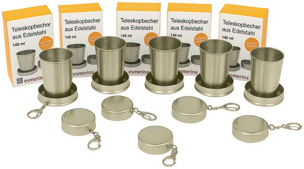 hausleben Becher Teleskopbecher 140ml aus Edelstahl 5 tlg, 5-tlg, Faltbar mit Deckel & Karabiner, Rostfrei & Wiederverwendbar