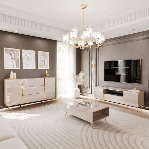 ALLHOUSE24 Wohnzimmer-Set DIAMANT Kaschmir Hochglanz GOLD Metallfüßen Wohnzimmer Möbel SET, Das Set besteht aus: Kommode, TV Schrank, Couchtisch