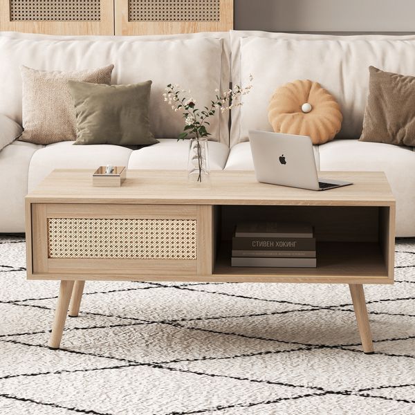 Couchtisch 105x55x40 cm im Rattan-Flechtdesign mit Schiebetür, MDF und massiven Holzbeinen