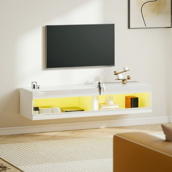 TV Lowboard 140 x 40 x 30 cm mit RGB-LEDs, Hochglanzweiß, Wandmontage und offenen Fächern