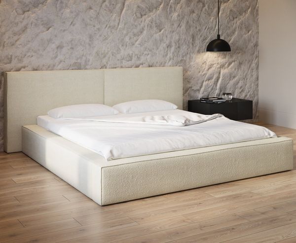 MOEBLO Polsterbett aus Bouclé Bett 06 (Bezug: Boucle, Doppelbett mit Kopfstütze, Rahmenbettgestell, mit Bettkasten und Lattenrost), gepolstertes Kopfteil