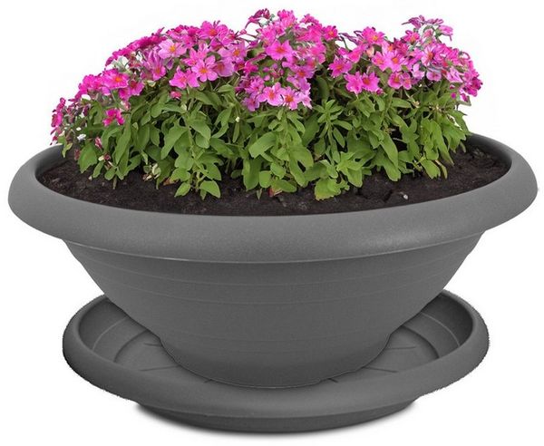 matches21 HOME & HOBBY Blumentopf Pflanzkübel mit Untersetzer für aussen 30 cm Blumentopf grau (1 St), Wetterfeste Pflanzschale als runder Grabschmuck Blumenkübel