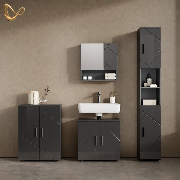 Livinity® Badmöbel-Set Ronco, Anthrazit Hochglanz/Anthrazit, 4 Teile, mit Hochschrank und, (4-St)