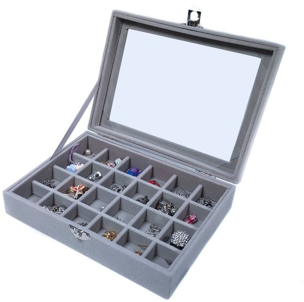 Yudu Aufbewahrungsbox Schmucktablett Schmucklade Schmuckkästchen mit Glasdeckel grau