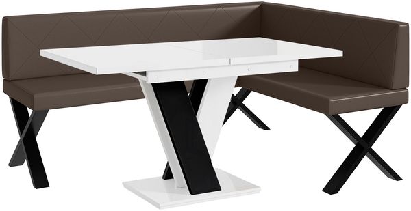 MEBLINI Eckbank für Esszimmer mit ausziehbarem Tisch - Küchenbank - Essecke - Sitzecke Küche - ERIC - X-Beine 128x168x87cm Rechts - Braun Kunstleder/M Weiß-Schwarz Hochgl.