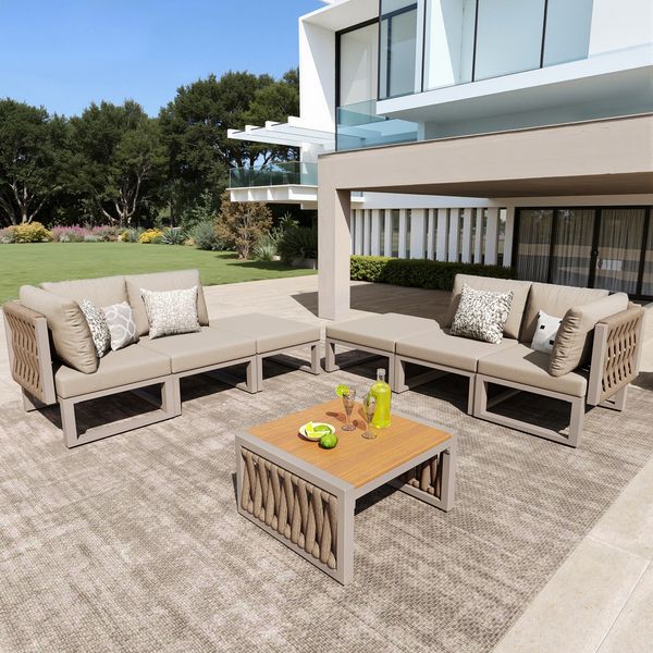 Merax Gartenlounge-Set, 6-Sitzer Gartenmöbel Set, Garten Loungesessel für 6 Personen, Doppelliege für den Außenbereich, Verstellbarer Rückenlehnenwinkel, Beige