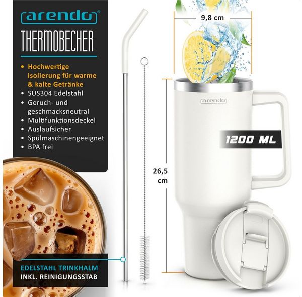 Arendo Thermobecher Tumbler 1200 ml, Becher mit Deckel, Henkel und Strohhalm, Thermal Mug, 1-tlg, Edelstahl, doppelwandig, Vakuumgehäuse aus Edelstahl, luftdichter Verschluss
