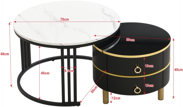Couchtisch 2-teilig rund mit Marmormuster, Hochglanz Tischplatte,mit Metallbeinen,Schwarz und Weiß Bild 5