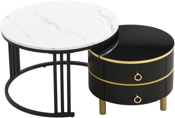 Couchtisch 2-teilig rund mit Marmormuster, Hochglanz Tischplatte,mit Metallbeinen,Schwarz und Weiß Bild 7