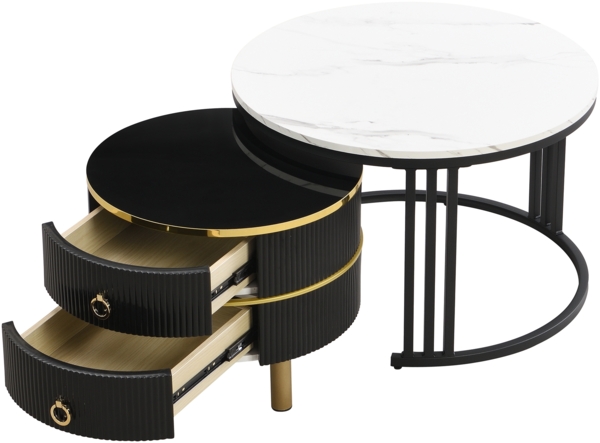Couchtisch 2-teilig rund mit Marmormuster, Hochglanz Tischplatte,mit Metallbeinen,Schwarz und Weiß Bild 6