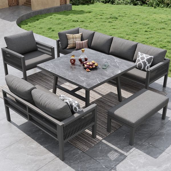 Gartenset 118x61x80 mit Stahl, Glastisch und 8cm starke Polster, grau