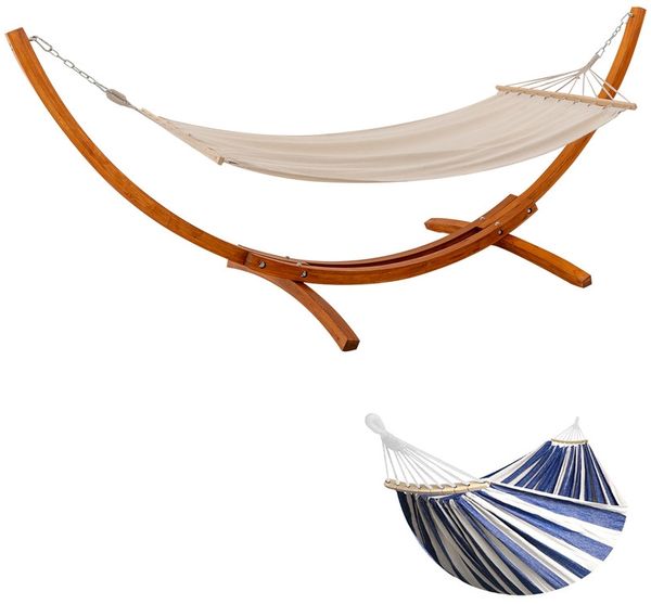 HOMAVO Hängematte mit Gestell, Mit 2 Hängematte, Stabiles Holzgestell, 200kg Belastbarkeit, Maße: 320x120x120 cm, Höhenverstellbar, Blau