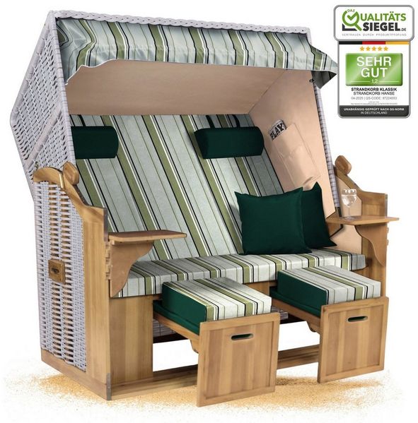 Strandkorb Hanse Strandkorb Strandkorb Ostsee XXL 2,5-Sitzer Volllieger Beige Grün, BxTxH: 150x80x160 cm, Ostsee XXL Volllieger, Ostsee 2,5-Sitzer Modell 2025, Stabiles Wacholder mit handgefertigtem Polyrattangeflecht