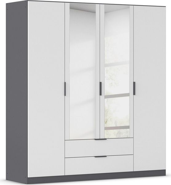 Rauch Möbel Lagoa, Kleiderschrank, Garderobe für Schlafzimmer, Kinderzimmer, Jugendzimmer 4-türig mit Spiegel, 2 Schubladen, Farbe Weiß/Grau metallic, Schwarz, Breite 181 cm