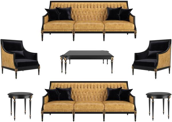 Casa Padrino Luxus Barock Wohnzimmer Set Gold / Schwarz / Antik Gold - 2 Sofas & 2 Sessel & 1 Couchtisch & 2 Beistelltische - Möbel im Barockstil - Edle Barock Wohnzimmer Möbel