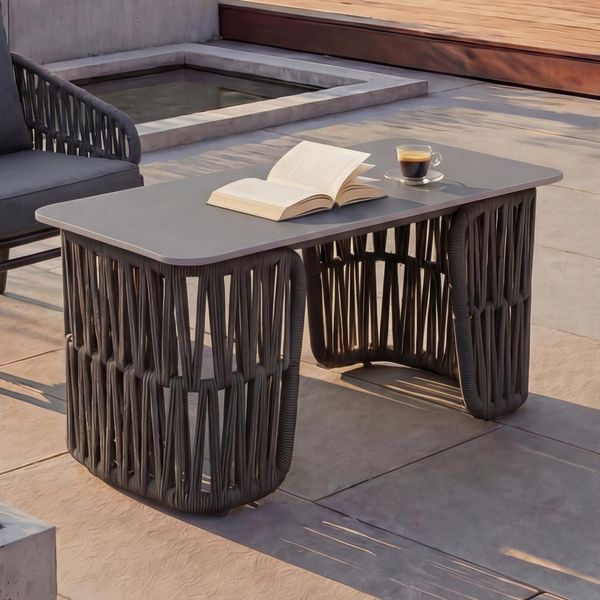 Loungetisch HWC-P90, Gartentisch Balkontisch Outdoor, Seilgeflecht Rope Sinterstein 43x90x45cm ~ anthrazit, Platte grau