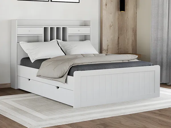 Vente-unique - MEDERICK Bett Holz, Platte Weiß - B 148 cm x H 115,6 cm x L 211,2 cm