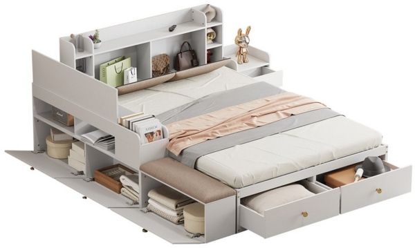 OKWISH Stauraumbett Holzbett Doppelbett, Massivholz-Kombi-Bett 140x200cm (Kopfteil mit eingebautem Staufach, mit Schubladen, mit Nachttisch, Tatamibett mit Stauraum-Langschrank, mit Sofabank), ohne Matratze