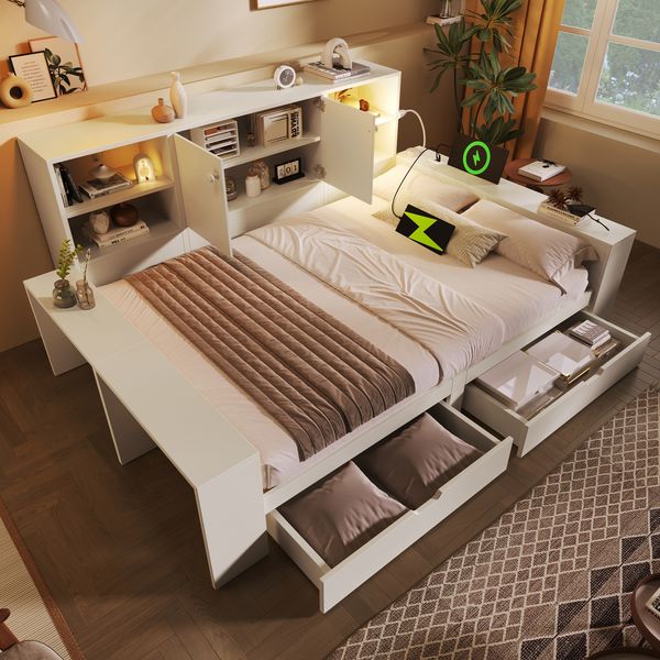 Merax Doppelbett, 140x200 cm Jugendbett, Stauraumbett – Tagesbett mit Schubladen und Stauraum, Holz-Bett mit Doppeltüren & USB/USB-C Anschlüssen, Weiß